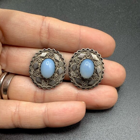 Sterling Silver Earrings Ethnic Made In Israel Earrings Clip On Opaline Glass - Picture 2 of 5